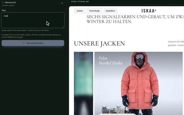 Webforging CMS: Überschrift der ISKAA-Showcase-Website direkt in der Live-Vorschau ändern