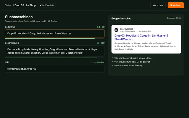 Suchmaschinen-Angaben im Webforging CMS mit Google-Vorschau für eine StreetWearzzz-Seite