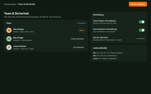 Team und Sicherheit im Webforging CMS mit Rollen, Zwei-Faktor-Anmeldung und Serverstandort Deutschland