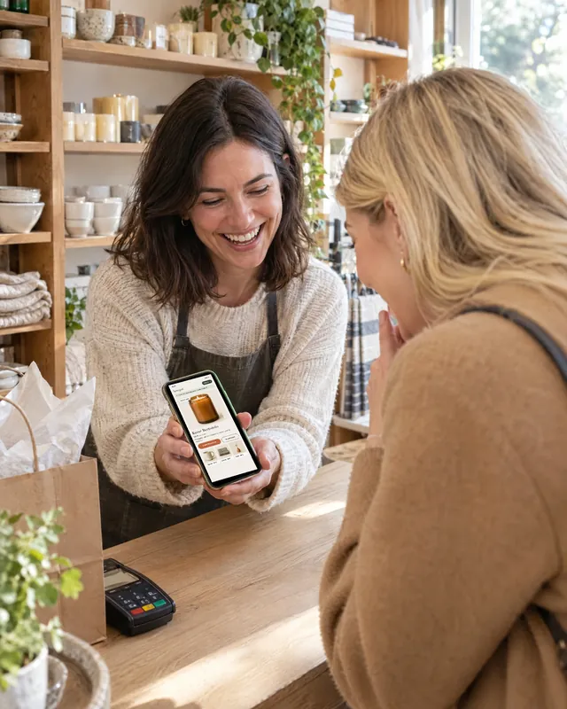 Ladeninhaberin zeigt einer begeisterten Kundin an der Kasse ihres Concept Stores den eigenen Online-Shop auf dem Smartphone