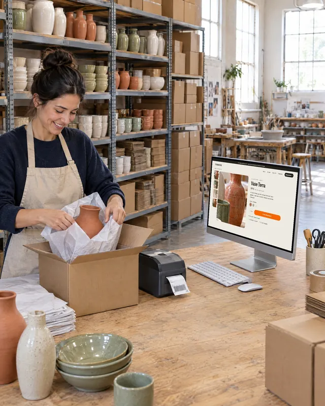 Mitarbeiterin einer Keramik-Manufaktur verpackt im Lager eine Vase, daneben zeigt der Monitor dieselbe Vase im Online-Shop