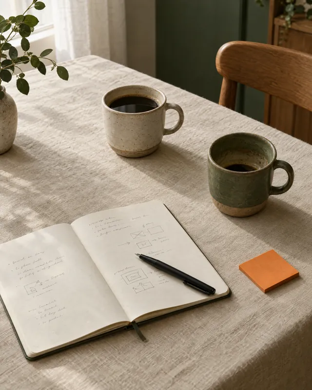 Zwei Kaffeetassen und ein Notizbuch mit Stichpunkten auf einem Tisch