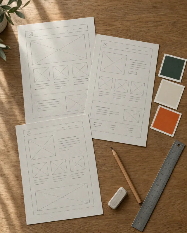 Skizzen einer Website auf Papier, daneben Farbmuster in Grün, Creme und Orange