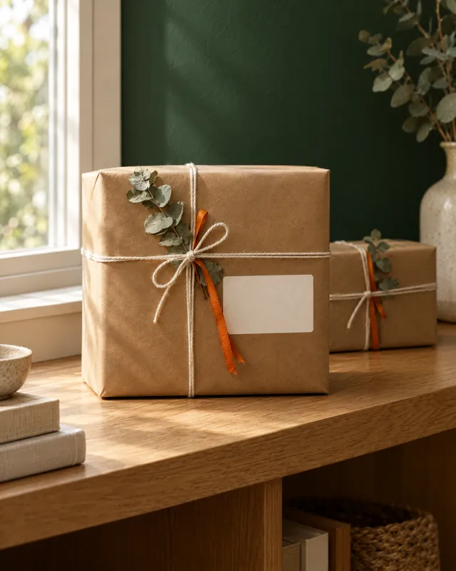 Gepacktes Paket mit Schnur und oranger Schleife, bereit für den Versand
