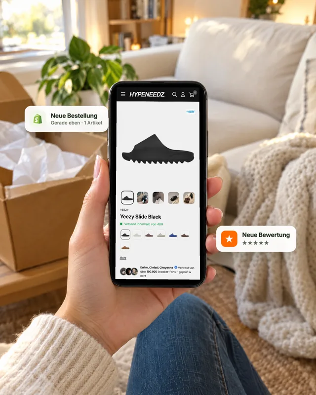 Handy mit einem Onlineshop, daneben Meldungen über eine neue Bestellung und eine Fünf-Sterne-Bewertung