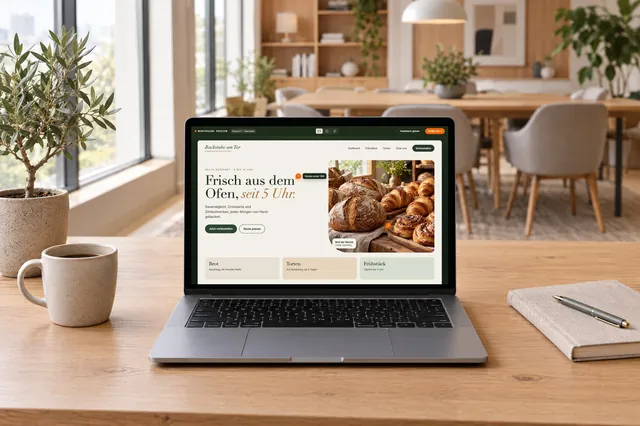 Laptop in einem hellen, modernen Büro zeigt die Preview einer neuen Website für eine Bäckerei